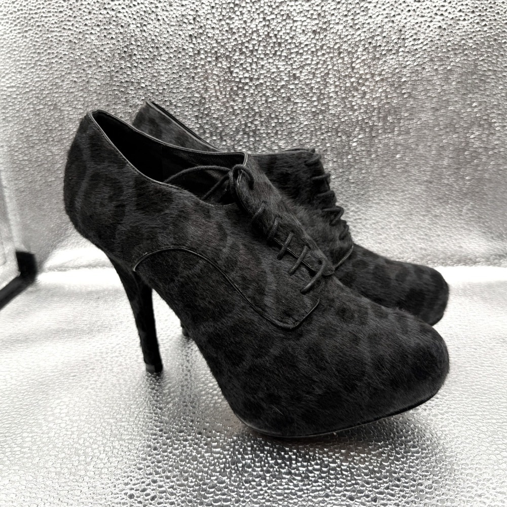 Size 37.5 Dolce & Gabbana Booties Women Black Good Pony Hair Leopard Lace Up